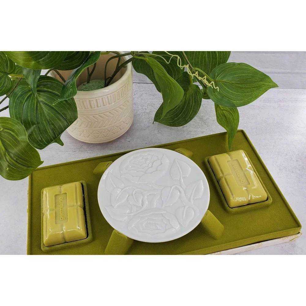 Vintage Germaine Cologne 2 Soap Bars Dish White Trinket Plate Rosepoint Lace Set